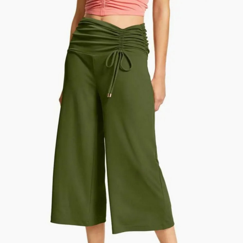 INC International Concepts Women's Ruched Culotte Wide Leg Pants Greenbelt